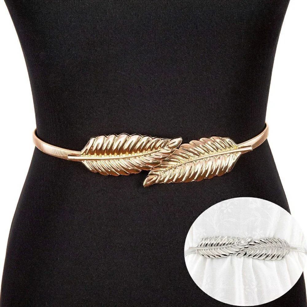 🍃 Leaf Buckle Stretchy Elastic Gold/Silver Metal Dress Belt SIZE XS – XXL NEW
